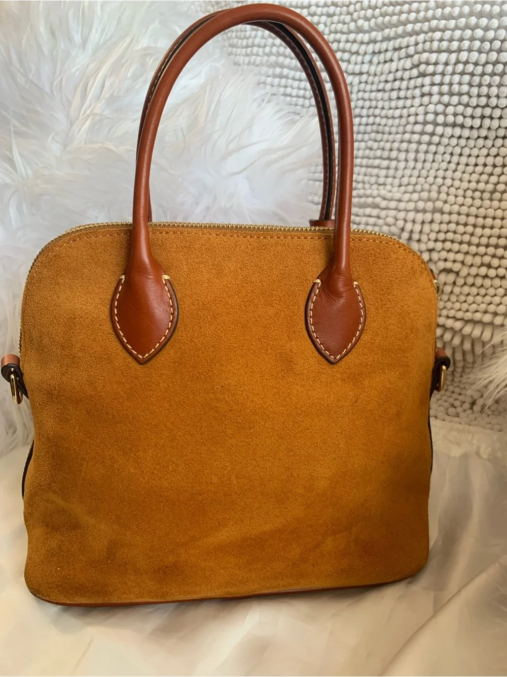 GUC. Dooney & Bourke Suede Satchel in honey Brown with Tan Leather Trim.